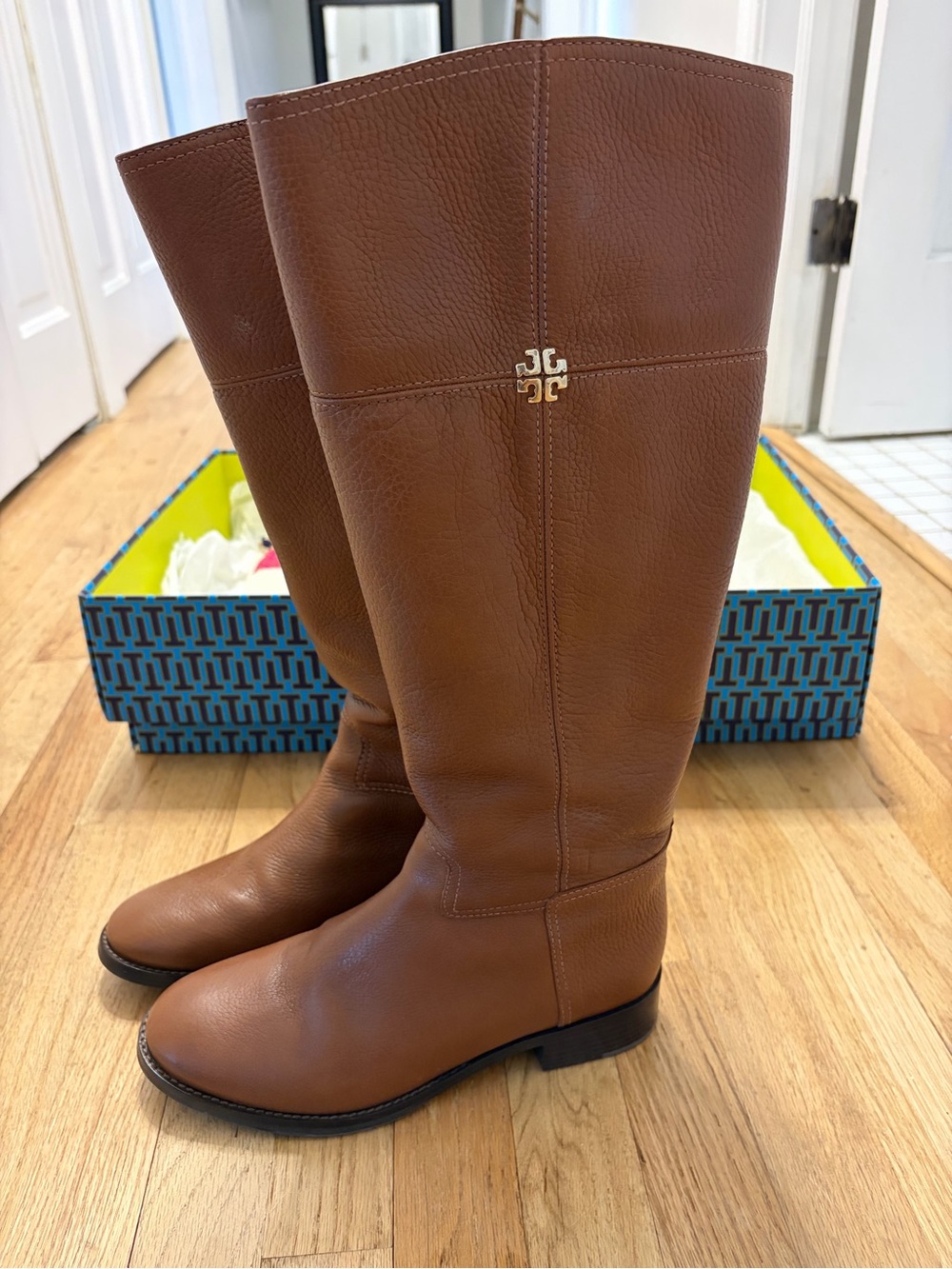 Tory Burch Chestnut Brown Leather Knee-High Boots with Gold Logo - Picture 8 of 15